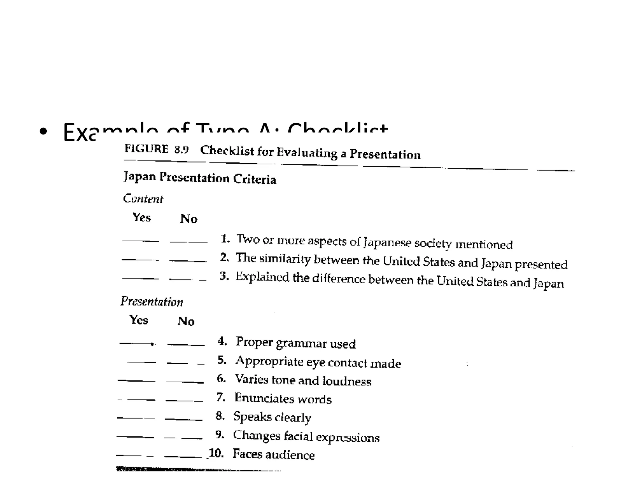 • Example of Type A: Checklist
 