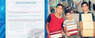 hank you for helping us fulfill the Great Commission by providing the Word of God to men and
women of faith in Cuba, Nepal, China, Syria, and Iraq.
Through Kingdom Partners’ support this year, we were able to distribute 723 Bibles—investments
that truly have an eternal impact.
The Bibles you provided have included the illustrated storybook Bibles for children in the Middle East,
Bibles for persecuted Christians in Cuba, and USB Bibles for Chinese university students. Kingdom
Partners is truly transforming lives around the world through the power of the Gospel.
Your word is a lamp to my feet and a light to my path .
—Psalm 119:105 ESV
I became a Christian three years ago and
I always wanted to have a Bible. I am very
happy and very excited that you gave me
the USB so that I can grow in Christ. I am
sharing the USB information on campus
with many non-Christian students and
please pray that one day, they will become
followers of Christ.
—Zong, QiangHai Province
We do not know how we will live without
this aid that you provide to us. We are very
grateful to you; you make us feel safe and
happy. Also, thank you very much for these
Holy Bibles; this is the real bread.
—Entisar Mousa, IDP Camp in Mosul
Susie Streelman
passes out treats to
children in Guatemala
2015 Kingdom Partners | 9
BIBLE DISTRIBUTION
 