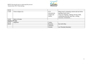 KPUP: Knowing the past to understand the present
Asturias June 2014. Final meeting
5
10:30
11:00 Visit to Gijón (12) 4,75
euros/person
(single and
return)
Bring towel, swimming custom and sun lotion
(perhaps beach time)
Time for shopping, walking, having a bath,
sunbathing,enjoying cider bars, visiting
museums, monuments….
16:00 Back to Oviedo
Sunday, 8th June
07:30 Departure Turkey
00:00 Romania By ALSA Bus
Lithuania
Sweden (on Thursday/Saturday)
 