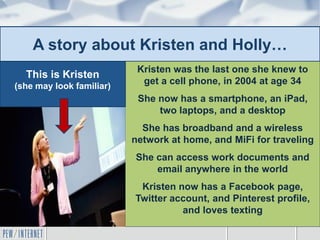 A story about Kristen and Holly…
Kristen was the last one she knew to
get a cell phone, in 2004 at age 34
She now has a smartphone, an iPad,
two laptops, and a desktop
She has broadband and a wireless
network at home, and MiFi for traveling
She can access work documents and
email anywhere in the world
Kristen now has a Facebook page,
Twitter account, and Pinterest profile,
and loves texting
This is Kristen
(she may look familiar)
 
