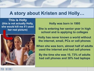 A story about Kristen and Holly…
Holly was born in 1995
She is entering her senior year in high
school and is applying to colleges
Holly has never known a world without
the internet, email, PCs or cell phones
When she was born, almost half of adults
used the internet and had cell phones
By the time she was 10, 73% of adults
had cell phones and 30% had laptops
This is Holly
(this is not actually Holly,
she would kill me if I used
her real picture)
 