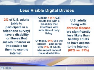<ul><li>2%  of U.S. adults (able to participate in a telephone survey) have a disability or illness that makes it harder o...