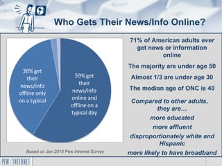 71% of American adults  ever  get news or information online The majority are under age 50 Almost 1/3 are under age 30 The...