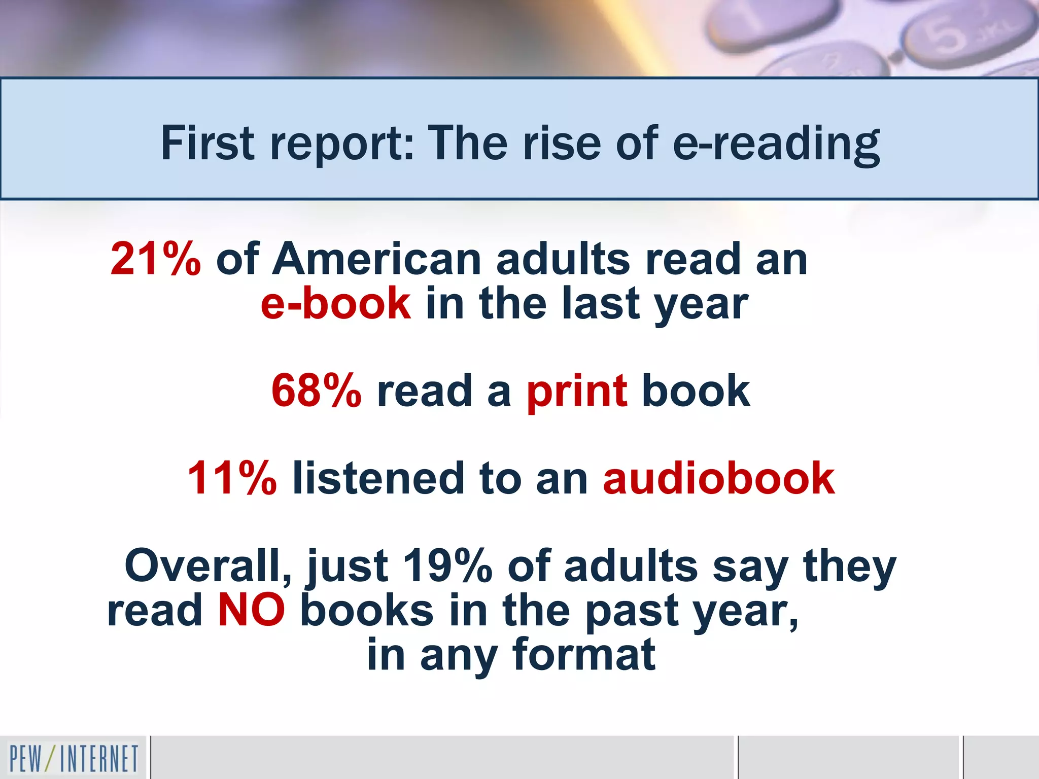 First report: The rise of e-reading

21% of American adults read an
      e-book in the last year
       68% read a print book
   11% listened to an audiobook
 Overall, just 19% of adults say they
read NO books in the past year,
             in any format
 