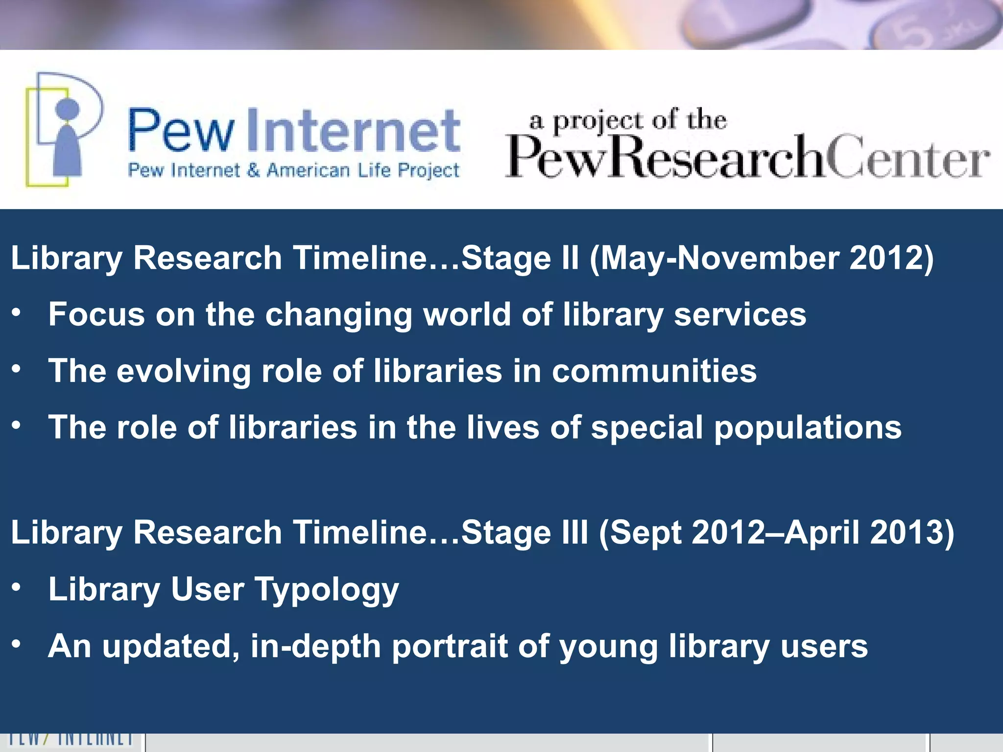Library Research Timeline…Stage II (May-November 2012)
• Focus on the changing world of library services
• The evolving role of libraries in communities
• The role of libraries in the lives of special populations


Library Research Timeline…Stage III (Sept 2012–April 2013)
• Library User Typology
• An updated, in-depth portrait of young library users
 