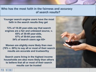 Who has the most faith in the fairness and accuracy
                         of search results?

 Younger search engine users have the most
    faith in the search results they get

   72% of 18-29 year-olds say that search
  engines are a fair and unbiased source, v.
          65% of 30-49 year-olds,
          67% of 50-64 year-olds,
        54% of search users age 65+

    Women are slightly more likely than men
 (76% v. 69%) to say all or most of their search
     results are accurate and trustworthy

  Search users living in the highest income
 households are also more likely than others
  to believe that all or most of their search
            results can be trusted
 