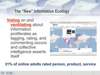 The “New” Information Ecology
 Voting on and
  ventilating about
  information
  proliferates as
  tagging, rating, and
  commenting occurs
  and collective
  intelligence asserts
  itself
31% of online adults rated person, product, service
 