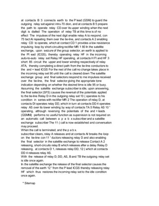 at contacts B 3 connects earth to the P lead (GSM) to guard the
outgoing relay set against intru 70 dion, and at contacts B 5 prepare
the path to operate relay CD over its upper winding when the next
digit is dialled The operation of relay TB at this time is of no
effect The impulses of the next digit enable relay A to respond, con
75 tact Al repeating them over the tie-line, and contacts A 2 enabling
relay CD to operate, which at contact CD 1 provides a low resistance
impulsing loop by short-circuiting rectifier MR 1 80 In the satellite
exchange, upon seizure of the group selector, an earth is applied to
the Pl ead (ICGS), thereby operating relay HF in the incoming
auto-to-auto relay set Relay HF operating, at contacts H Fl and HF 3
short 85 circuit the upper and lower winding respectively of relay
ATA, thereby completing a direct path from the tie-line conductors to
the and + lead ICGS For the rest of the call no change takes place in
the incoming relay set 90 until the call is cleared down The satellite
exchange group and final selectors respond to rne impulses received
over the tie-line, the final selector giving the appropriate tone
indication depending on whether the desired time is idle 95 or busy.
Assuming the satellite exchange subscriber is idle, upon answering,
the final selector (SFS) causes the reversal of the potentials applied
to the tie-line Relay D in the outgoing relay set 10 ( operates to his
condition in series with rectifier MR 2 The operation of relay D, at
contacts Dl operates relay DD, which in turn at contacts DD 4 operates
relay AS over its lower winding by way of contacts TA 5 Relay AS 10 '
operating, although reversing the potentials of the and + leads
(GSMNI) performs no useful function as supervision is not required on
an automatic call between a p a b x subscriber and a satellite
exchange subscriber The 11 ( call is now established and conversation
may proceed.
When the call is terminated, and the p a b x.
subscriber clears, relay A releases and at contacts Al breaks the loop
on the tie-line con 11 ' ductors releasing relay D and also enabling
the final selector in the satellite exchange to release Contact A 2
releasing, short-circuits relay B which releases after a delay Relay D
releasing, at contacts D 1, releases relay DD, 12 ( which at contacts
DD 4 releases relay AS.
With the release of relay D, DD, AS, B and TB the outgoing relay set
is idle once again.
In the satellite exchange the release of the final selector causes the
removal of the earth 12 ' from the P lead ICGS thereby releasing relay
HF which thus restores the incoming relay set to the idle condition
once again.
* Sitemap
 