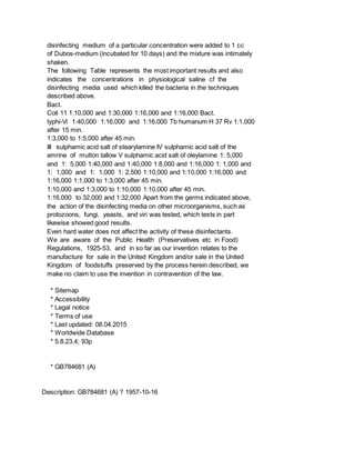 disinfecting medium of a particular concentration were added to 1 cc
of Dubos-medium (incubated for 10 days) and the mixture was intimately
shaken.
The following Table represents the most important results and also
indicates the concentrations in physiological saline cf the
disinfecting media used which killed the bacteria in the techniques
described above.
Bact.
Coli 11 1:10,000 and 1:30,000 1:16,000 and 1:16,000 Bact.
typhi-Vi 1:40,000 1:16,000 and 1:16,000 Tb humanum H 37 Rv 1:1,000
after 15 min.
1:3,000 to 1:5,000 after 45 min.
III sulphamic acid salt of stearylamine IV sulphamic acid salt of the
amrine of mutton tallow V sulphamic acid salt of oleylamine 1: 5,000
and 1: 5,000 1:40,000 and 1:40,000 1:8,000 and 1:16,000 1: 1,000 and
1: 1,000 and 1: 1,000 1: 2,500 1:10,000 and 1:10,000 1:16,000 and
1:16,000 1:1,000 to 1:3,000 after 45 min.
1:10,000 and 1:3,000 to 1:10,000 1:10,000 after 45 min.
1:16,000 to 32,000 and 1:32,000 Apart from the germs indicated above,
the action of the disinfecting media on other microorganisms, such as
protozoons, fungi, yeasts, and viri was tested, which tests in part
likewise showed good results.
Even hard water does not affect the activity of these disinfectants.
We are aware of the Public Health (Preservatives etc in Food)
Regulations, 1925-53, and in so far as our invention relates to the
manufacture for sale in the United Kingdom and/or sale in the United
Kingdom of foodstuffs preserved by the process herein described, we
make no claim to use the invention in contravention of the law.
* Sitemap
* Accessibility
* Legal notice
* Terms of use
* Last updated: 08.04.2015
* Worldwide Database
* 5.8.23.4; 93p
* GB784681 (A)
Description: GB784681 (A) ? 1957-10-16
 
