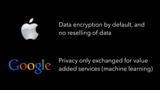 Data encryption by default, and
no reselling of data
Privacy only exchanged for value
added services (machine learning)
 