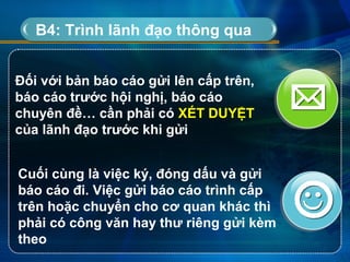 Đối với bản báo cáo gửi lên cấp trên,
báo cáo trước hội nghị, báo cáo
chuyên đề… cần phải có XÉT DUYỆT
của lãnh đạo trước khi gửi
Cuối cùng là việc ký, đóng dấu và gửi
báo cáo đi. Việc gửi báo cáo trình cấp
trên hoặc chuyển cho cơ quan khác thì
phải có công văn hay thư riêng gửi kèm
theo
B4: Trình lãnh đạo thông qua
 