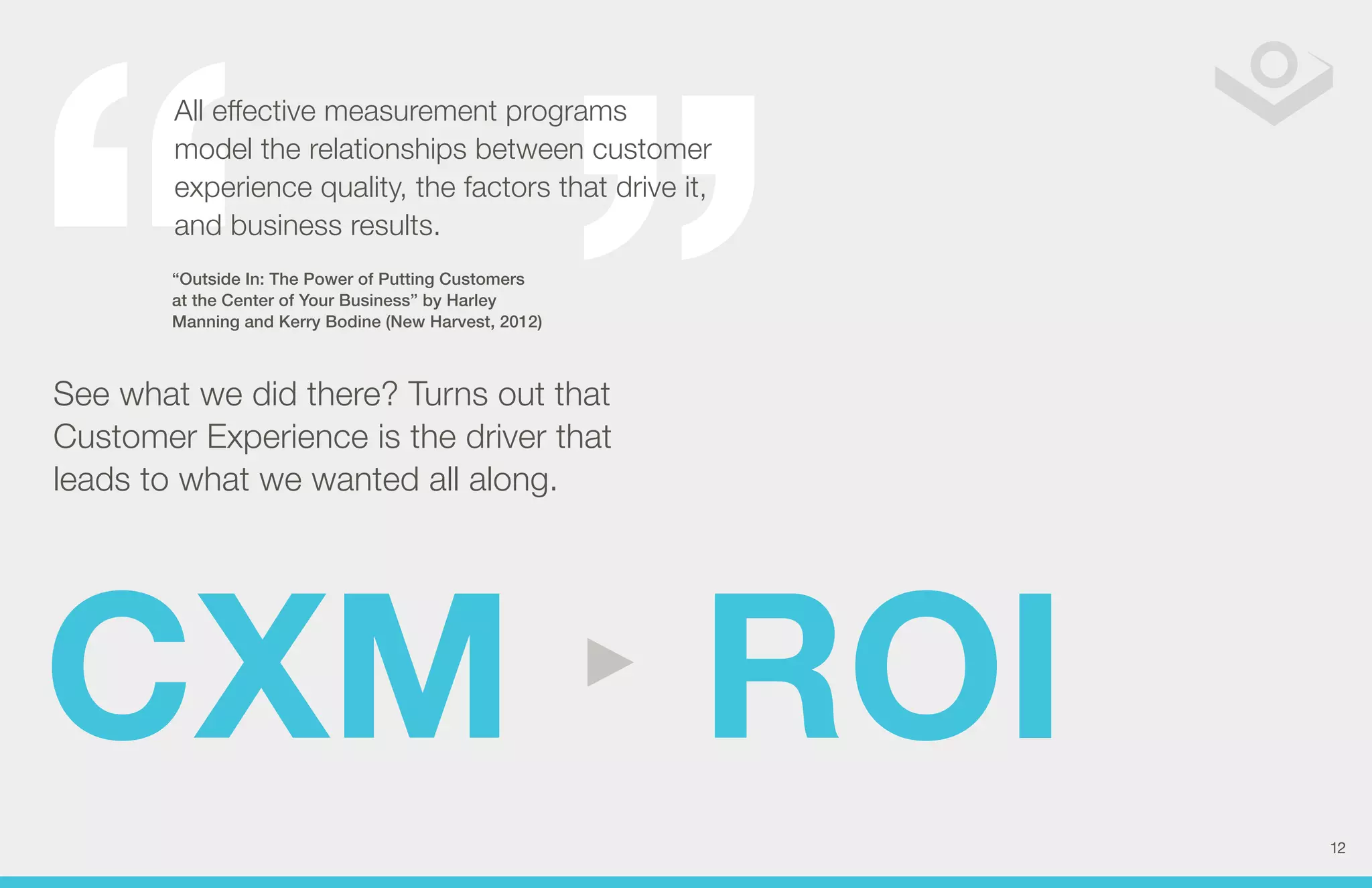 All effective measurement programs 
model the relationships between customer 
experience quality, the factors that drive it, 
and business results. 
“Outside In: The Power of Putting Customers 
at the Center of Your Business” by Harley 
Manning and Kerry Bodine (New Harvest, 2012) 
See what we did there? Turns out that 
Customer Experience is the driver that 
leads to what we wanted all along. 
CXM ‣ ROI 
12 
 