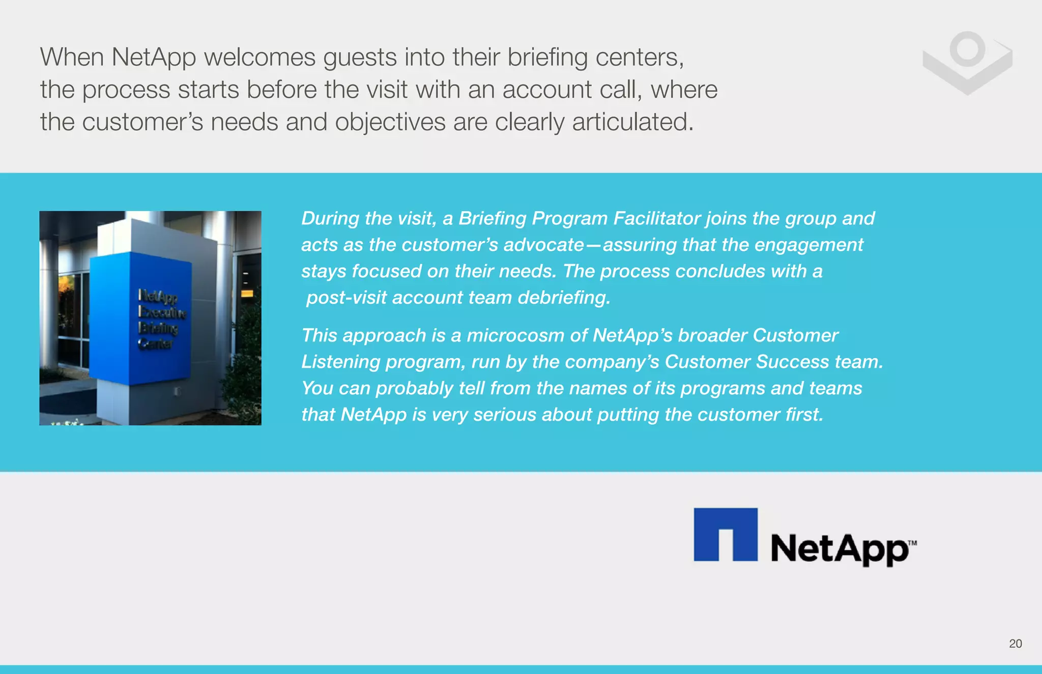 When NetApp welcomes guests into their briefing centers, 
the process starts before the visit with an account call, where 
the customer’s needs and objectives are clearly articulated. 
During the visit, a Briefing Program Facilitator joins the group and 
acts as the customer’s advocate—assuring that the engagement 
stays focused on their needs. The process concludes with a 
post-visit account team debriefing. 
This approach is a microcosm of NetApp’s broader Customer 
Listening program, run by the company’s Customer Success team. 
You can probably tell from the names of its programs and teams 
that NetApp is very serious about putting the customer first. 
20 
 
