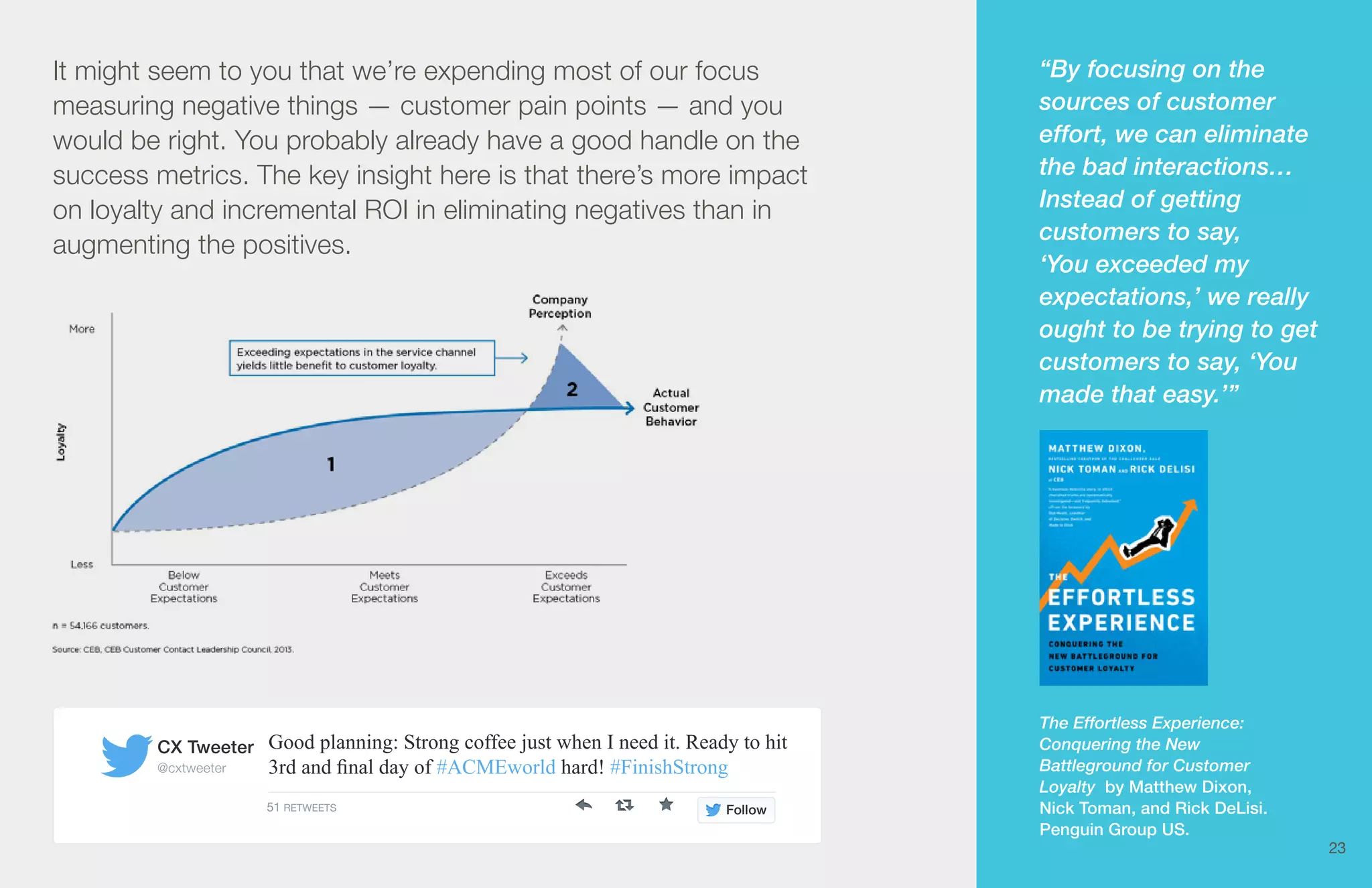 It might seem to you that we’re expending most of our focus 
measuring negative things — customer pain points — and you 
would be right. You probably already have a good handle on the 
success metrics. The key insight here is that there’s more impact 
on loyalty and incremental ROI in eliminating negatives than in 
augmenting the positives. 
Good planning: Strong coffee just when I need it. Ready to hit 
3rd and final day of #ACMEworld hard! #FinishStrong 
CX Tweeter 
@cxtweeter 
51 RETWEETS Follow 
“By focusing on the 
sources of customer 
effort, we can eliminate 
the bad interactions… 
Instead of getting 
customers to say, 
‘You exceeded my 
expectations,’ we really 
ought to be trying to get 
customers to say, ‘You 
made that easy.’” 
The Effortless Experience: 
Conquering the New 
Battleground for Customer 
Loyalty by Matthew Dixon, 
Nick Toman, and Rick DeLisi. 
Penguin Group US. 
23 
 