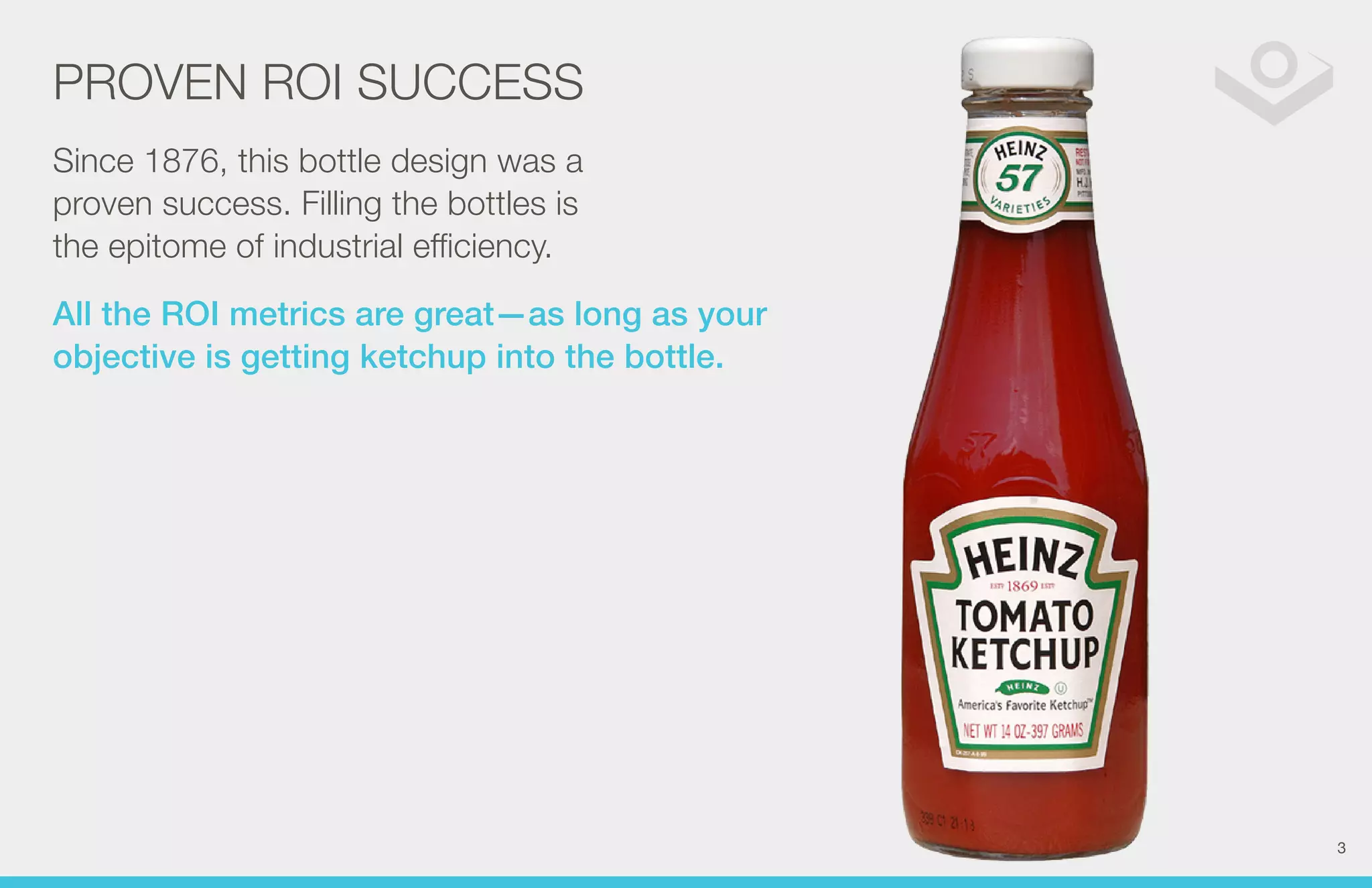 PROVEN ROI SUCCESS 
Since 1876, this bottle design was a 
proven success. Filling the bottles is 
the epitome of industrial efficiency. 
All the ROI metrics are great—as long as your 
objective is getting ketchup into the bottle. 
3 
 