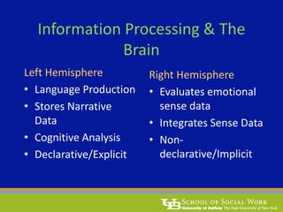Information Processing & The
Brain
Left Hemisphere
• Language Production
• Stores Narrative
Data
• Cognitive Analysis
• Declarative/Explicit
Right Hemisphere
• Evaluates emotional
sense data
• Integrates Sense Data
• Non-
declarative/Implicit
 