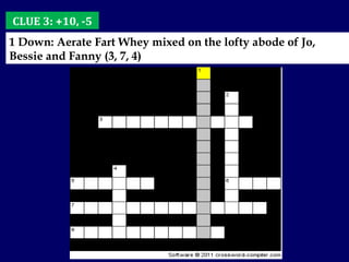 CLUE 3: +10, -5 1 Down: Aerate Fart Whey mixed on the lofty abode of Jo, Bessie and Fanny (3, 7, 4) 