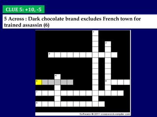 CLUE 5: +10, -5 5 Across : Dark chocolate brand excludes French town for trained assassin (6) 