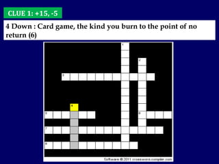 CLUE 1: +15, -5 4 Down : Card game, the kind you burn to the point of no return (6) 