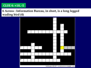 CLUE 4: +10, -5 6 Across : Information Bureau, in short, is a long legged wading bird (4) 