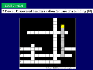 CLUE 7: +5, 0 2 Down : Discovered headless nation for base of a building (10) 
