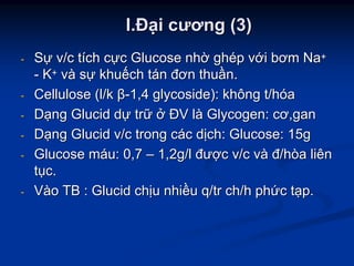 II..ĐĐạạii cươngcương (3)(3)
-- SSựự v/cv/c ttííchch ccựựcc GlucoseGlucose nhnhờờ ghghéépp vvớớii bơmbơm NaNa++
-- KK++ vvàà ssựự khukhuếếchch ttáánn đơnđơn thuthuầầnn..
-- Cellulose (Cellulose (l/kl/k ββ--1,4 glycoside):1,4 glycoside): khôngkhông t/ht/hóóaa
-- DDạạngng GlucidGlucid ddựự trtrữữ ởở ĐVĐV llàà Glycogen:Glycogen: cơcơ,gan,gan
-- DDạạngng GlucidGlucid v/cv/c trongtrong ccáácc ddịịchch: Glucose: 15g: Glucose: 15g
-- GlucoseGlucose mmááuu: 0,7: 0,7 –– 1,2g/l1,2g/l đưđượợcc v/cv/c vvàà đđ/hòa/hòa liênliên
ttụụcc..
-- VVààoo TB :TB : GlucidGlucid chchịịuu nhinhiềềuu q/trq/tr ch/hch/h phphứứcc ttạạpp..
 
