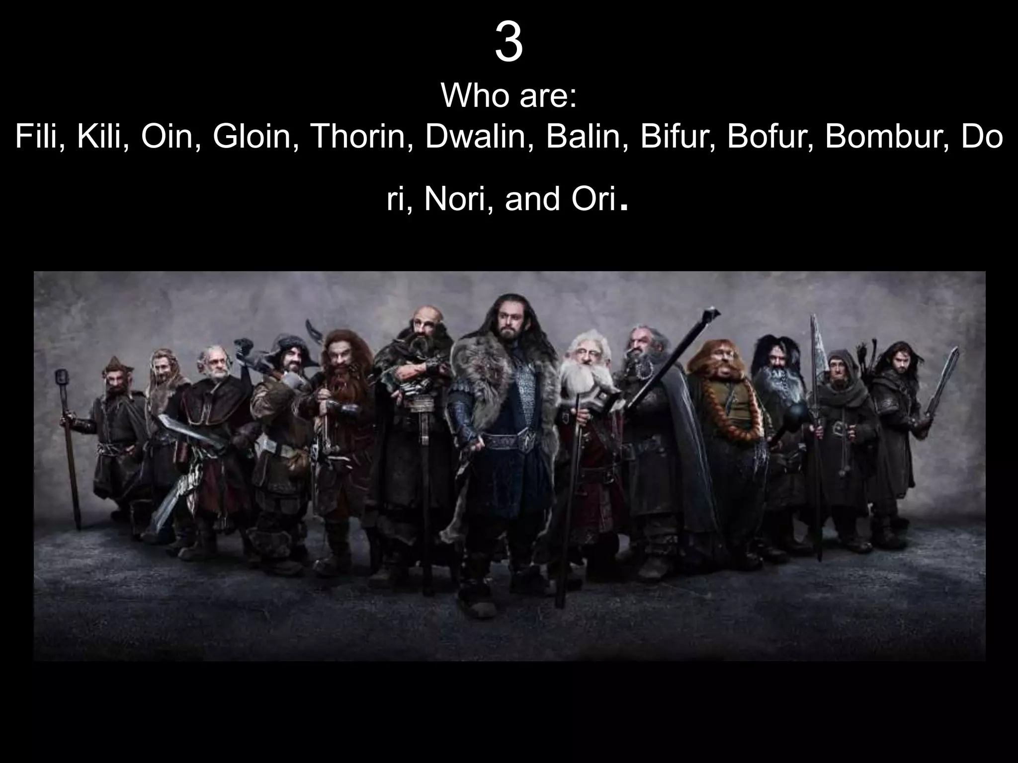 3
                                 Who are:
Fili, Kili, Oin, Gloin, Thorin, Dwalin, Balin, Bifur, Bofur, Bombur, Do
                          ri, Nori, and Ori.
 