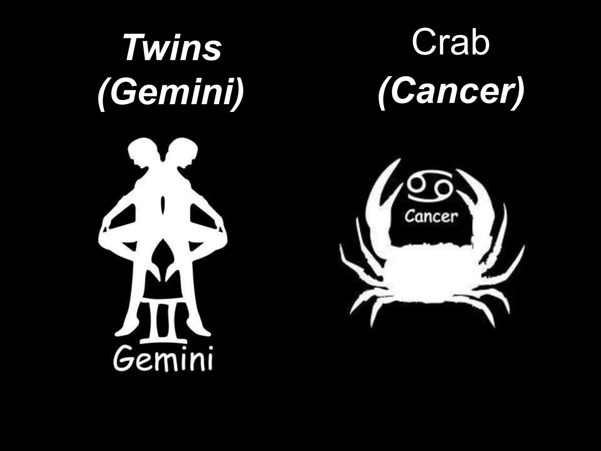 Twins       Crab
(Gemini)   (Cancer)
 