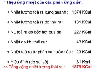 • Hiệu ứng nhiệt của các phản ứng diễn:
+ Nhiệt lượng toả ra xung quanh : 1374 KCal
+ Nhiệt lượng toả ra do thở ra : 181 KCal
+ NL toả ra do bốc hơi qua da: 227 KCal
+ Nhiệt do khí thải ra : 43 KCal
+ Nhiệt toả ra từ phân và nước tiểu : 23 KCal
+ Hiệu đính (do sai số) : 31 Kcal
⇔ Tổng cộng nhiệt lượng thải ra : 1879 KCal
 