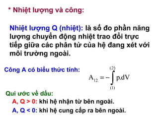* Nhiệt lượng và công:
Nhiệt lượng Q (nhiệt): là số đo phần năng
lượng chuyển động nhiệt trao đổi trực
tiếp giữa các phân tử của hệ đang xét với
môi trường ngoài.
Công A có biểu thức tính: (2)
12
(1)
A p.dV= −
∫
Qui ước về dấu:
A, Q > 0: khi hệ nhận từ bên ngoài.
A, Q < 0: khi hệ cung cấp ra bên ngoài.
 