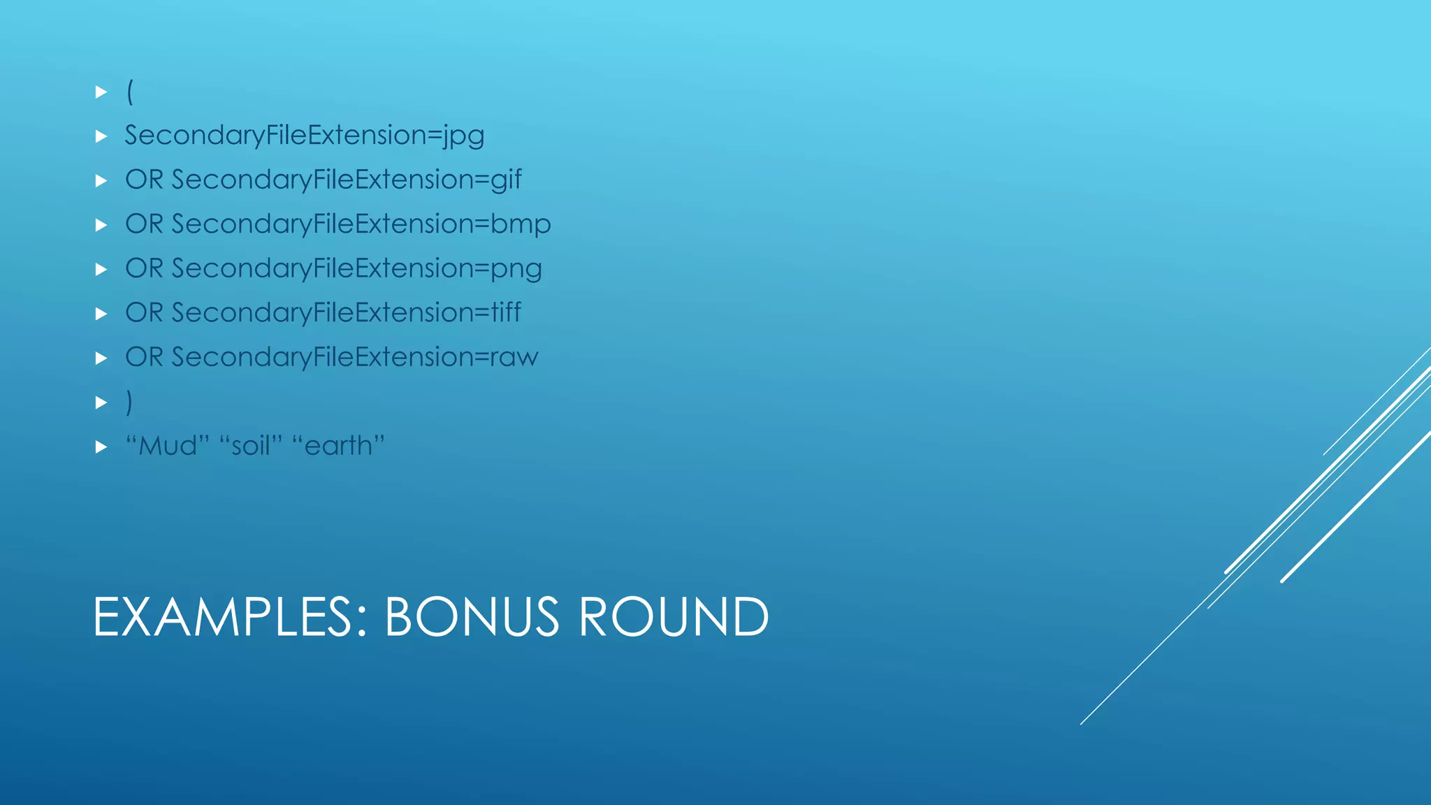 EXAMPLES: BONUS ROUND
 (
 SecondaryFileExtension=jpg
 OR SecondaryFileExtension=gif
 OR SecondaryFileExtension=bmp
 OR SecondaryFileExtension=png
 OR SecondaryFileExtension=tiff
 OR SecondaryFileExtension=raw
 )
 “Mud” “soil” “earth”
 