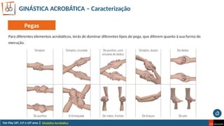 GINÁSTICA ACROBÁTICA – Caracterização
Para diferentes elementos acrobáticos, terás de dominar diferentes tipos de pega, que diferem quanto à sua forma de
execução.
Ginástica Acrobática
Pegas
 