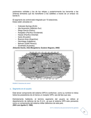 G.P.S. (Sistema de posicionamiento global)
13
parámetros orbitales y los de los relojes y posteriormente los transmite a las
antenas terrestres que los transfieren a los satélites a través de un enlace vía
banda S.
El segmento de control está integrado por 10 estaciones.
Estas están ubicadas en:
 Colorado Springs (EUA)
 Isla Ascensión (Atlántico Sur)
 Diego García (Índico)
 Kwajalein (Pacífico Occidental)
 Hawaii (Pacífico Oriental)
 Quito (Ecuador)
 Buenos Aires (Argentina)
 Hermitage (Inglaterra)
 Bahrein (Golfo Pérsico)
 Smithfield (Australia).
(Eduardo Huerta, Aldo Mangiaterra; Gustavo Noguera, 2005)
FIGURA 5: Estaciones de control
c. Segmento en el usuario
Este tercer componente del sistema GPS lo conforman, como su nombre lo indica
todos los poseedores de al menos un receptor GPS, sea del tipo que sea.
Estrictamente hablando, el termino segmento del usuario se refiere al
departamento de defensa de los E.U.A., ya que el sistema GPS esta pensando
como un componente del sistema militar defensivo de este país.
(ING Luis Aguilar E, 1996).
 