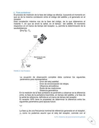 G.P.S. (Sistema de posicionamiento global)
20
ii. Fase portadoras:
El proceso de medición de la fase del código se efectúa buscando el momento en
que se de la máxima correlación entre el código del satélite y el generado en el
receptor
Esta correlación máxima nos da la fase del código, de la que obtenemos el
instante T, en que se envió la señal, en el tiempo del satélite. El momento
respectivo en el marco de tiempo del receptor, tR, permite la determinación de la
seudodistancia:
D=c*(tr- Tt)
FIGURA 11: Fase Portadora
La ecuación de observación completa debe contener los siguientes
parámetros para representativa:
o Error del reloj satelital.
o Error de sincronización de relojes.
o Influencia atmosférica
o Ruido de las mediciones
o Distancia geométrica.
En la medición de la fase portadora el parámetro a observar es la diferencia
entre, la fase de la portadora trasmitida, en tiempo del satélite, y la fase de
la señal de referencia, definida en el marco de tiempo del receptor.
El receptor GPS tiene la propiedad de determinar la diferencia entre los
siguientes parámetros para épocas futura:
*1*
La fase R de una frecuencia nominal de referencia generada en el receptor,
R como no podemos asumir que el reloj del receptor, coincide con el
 