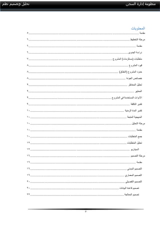 3
‫السجن‬ ‫إدارة‬ ‫منظومة‬‫نظم‬ ‫وتصميم‬ ‫تحليل‬
‫المحتويات‬
‫مقدمة‬....................................................................................................................................5
‫التخطيط‬ ‫مرحلة‬.........................................................................................................................6
‫مقدمة‬................................................................................................................................6
‫الجدوى‬ ‫دراسة‬.......................................................................................................................6
‫المشروع‬ )‫(مستلزمات‬ ‫متطلبات‬....................................................................................................7
‫المشروع‬ ‫قيود‬.......................................................................................................................8
)‫(النطاق‬ ‫المشروع‬ ‫حدود‬...........................................................................................................8
‫الجودة‬ ‫خصائص‬....................................................................................................................8
‫المخاطر‬ ‫تحليل‬......................................................................................................................9
‫المعايير‬..............................................................................................................................9
‫المشروع‬ ‫في‬ ‫المستخدمة‬ ‫األدوات‬...................................................................................................9
‫التكلفة‬ ‫تقدير‬.........................................................................................................................9
‫الزمنية‬ ‫المدة‬ ‫تقدير‬................................................................................................................01
‫المتبعة‬ ‫المنهجية‬...................................................................................................................01
‫التحليل‬ ‫مرحلة‬.........................................................................................................................01
‫مقدمة‬..............................................................................................................................01
‫المتطلبات‬ ‫جمع‬....................................................................................................................01
‫المتطلبات‬ ‫تحليل‬...................................................................................................................01
‫السيناريو‬.......................................................................................................................01
‫التصميم‬ ‫مرحلة‬.......................................................................................................................06
‫مقدمة‬..............................................................................................................................06
‫المبدئي‬ ‫التصميم‬...................................................................................................................06
‫المعماري‬ ‫التصميم‬................................................................................................................06
‫التفصيلي‬ ‫التصميم‬.................................................................................................................11
‫البي‬ ‫قاعدة‬ ‫تصميم‬‫انات‬..........................................................................................................11
‫المعالجة‬ ‫تصميم‬................................................................................................................11
 