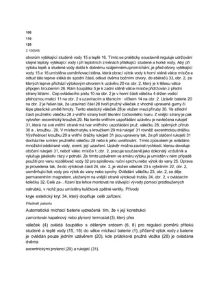 100
110
120
3 100545
otvorům vytékající studené vody 15 a teplé 16. Tímto se prakticky soustavně reguluje udržování
stejné teploty vytékající vody i při teplotních změnách přitékající studené a horké vody. Abý při
výtoku teplé a studené vody došlo k dobrému vzájemnému promíchání, je před otvory vytékající
vody 15 a 16 umístěna usměrňovací stěna, která obrací výtok vody k horní stěně válce mísiče a
odtud táto teprve stéká do spodní části, odkud dvěma bočními otvory, do sběračů 33, obr. 2, ze
kterých teprve přichází výtokovým otvorem k uzávěru 20 na obr. 2, který je k tělesu válce
připojen šroubením 26. Rám šoupátka 5 je k zadní stěně válce mísiče přidržován z přední
strany lištami . Cep ovládacího pístu 10 na obr. 2 je v horní části válečku 4 držen vodicí
přehoznou maticí 11 na obr. 2 s uzavíracím a těsnicím · víčkem 14 na obr. 2. Uzávěr baterie 20
na obr. 2 je řešen tak, že uzavírací část 28 tvoří pružný váleček z vhodně upravené gumy či
lépe plastické umělé hmoty. Tento elastický váleček 28 je vložen mezi příruby 30. Ve střední
části pružného válečku 28 z vnitřní strany tvoří těsnění čočkovitého tvaru. Z vnější strany je pak
vytvořen excentrický kroužek 29. Na tomto vnitřním uspořádání uzávěru je navlečena rukojeť
31, která na své vnitřní straně má tvar vnitřního uspořádání pruž. válečku 28, opěrných přírub
30 a , kroužku . 29. V místech styku s kroužkem 29 má rukojeť 31 rovněž excentrickou drážku.
Výstřednost kroužku 29 a vnitřní drážky rukojeti 31 jsou upraveny tak, že při otáčení rukojeti 31
dochází ke svírání pružného válečku 28 nebo k jeho uvolňování. Tímto způsobem je ovládáno
množství odebírané vody, event. její uzavření. Uzávěr možno zavírat rychlostí, kterou dovoluje
otočení rukojeti 31, neboť válec mísiče 1, obr. 2, pracuje současně jako dokonalý vzdušník a
vylučuje jakékoliv rázy v potrubí. Za tímto uzávěrem ve směru výtoku je umístěn v ném případě
použití pro vanu rozdělovač vody 32 pro spirálovou ruční sprchu nebo výtok do vany 25. Úprava
je provedena tak, že do výtokové části 24, obr. 2, je vložen váleček 23 s vybráním 22, obr. 2,
usměrňující tok vody pro výtok do vany nebo sprchy. Ovládání váIečku 23, obr. 2, se děje
permanentním magnetem, uloženým na vnější straně výtokové trubky 24, obr. 2, v ovládacím
kolečku 32. Celé za- . řízení lze lehce montovat na stávající vývody pomocí prodloužených
nátrubků, v nichž jsou umístěny kuličkové zpětné ventily. Přívody
kryje estetický kryt 34, který doplňuje celé zařízení.
Předmět patentu
Automatická míchací baterie vyznačená tím, že v její konstrukci
zamontován kapalinový nebo plynový termostat (3), který přes
váleček (4) ovládá šoupátko s děleným srdcem (6, 8) pro regulaci poměrů přítoků
studené a teplé vody (15, 16) do válce míchací baterie (1), přičemž výtok vody z baterie
je ovládán pouze jedním uzávěrem (20), kde průtoková pružná vložka (28) je ovládána
dvěma
excentrickými prstenci (29) a rukojetí (31).
 