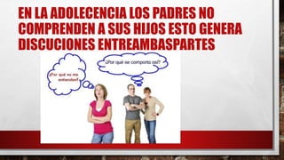EN LA ADOLECENCIA LOS PADRES NO
COMPRENDEN A SUS HIJOS ESTO GENERA
DISCUCIONES ENTREAMBASPARTES