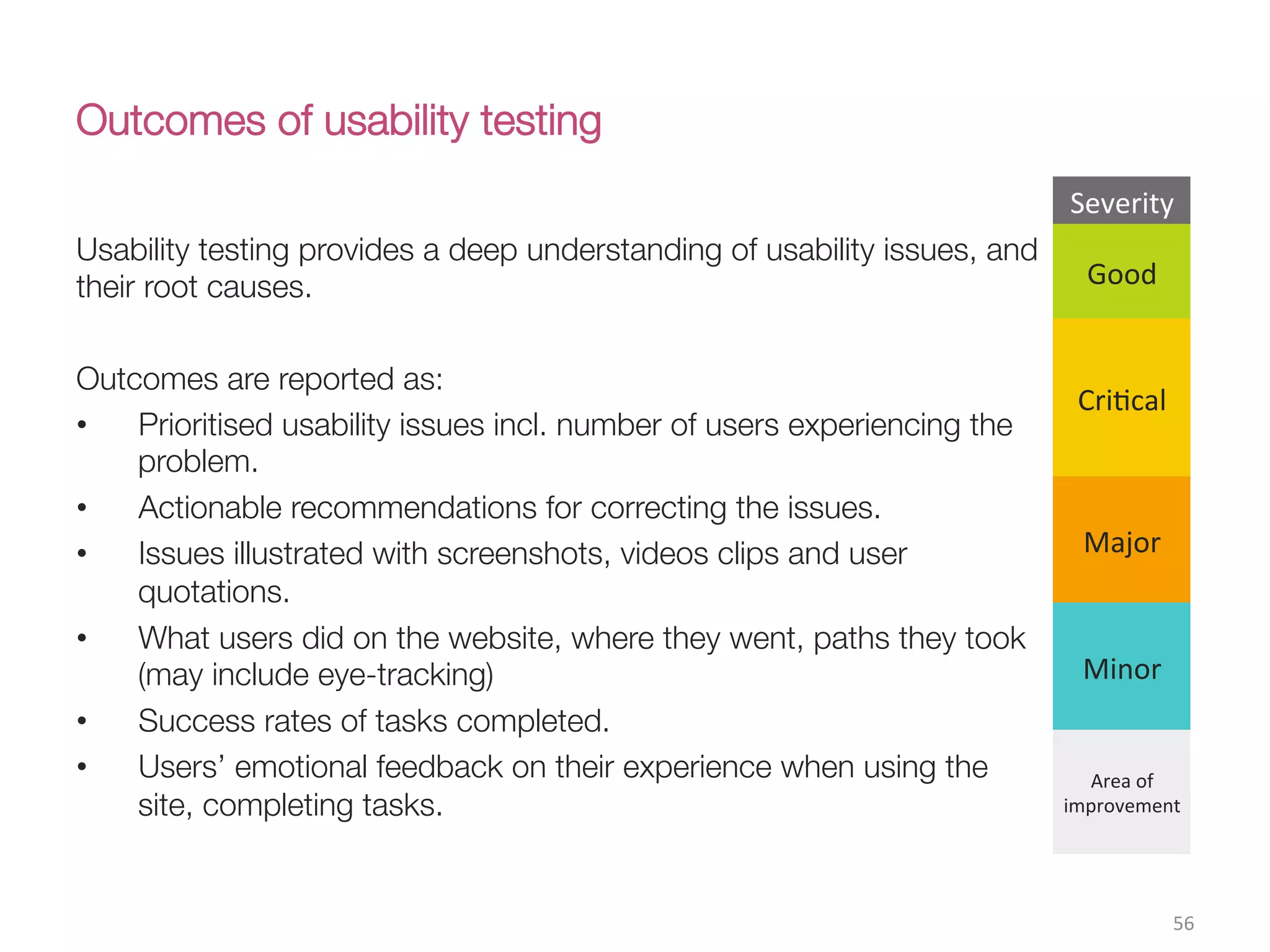 Outcomes of usability testing
Usability testing provides a deep understanding of usability issues, and
their root causes. 

Outcomes are reported as:
•  Prioritised usability issues incl. number of users experiencing the
problem.
•  Actionable recommendations for correcting the issues.
•  Issues illustrated with screenshots, videos clips and user
quotations.
•  What users did on the website, where they went, paths they took
(may include eye-tracking)
•  Success rates of tasks completed.
•  Users’ emotional feedback on their experience when using the
site, completing tasks.

56(
Severity!
Good(
CriCcal(
Major(
Minor(
Area(of(
improvement!
 