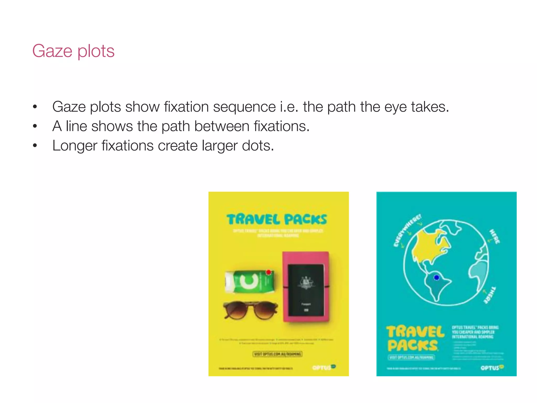 •  Gaze plots show ﬁxation sequence i.e. the path the eye takes.
•  A line shows the path between ﬁxations.
•  Longer ﬁxations create larger dots.
Gaze plots
 