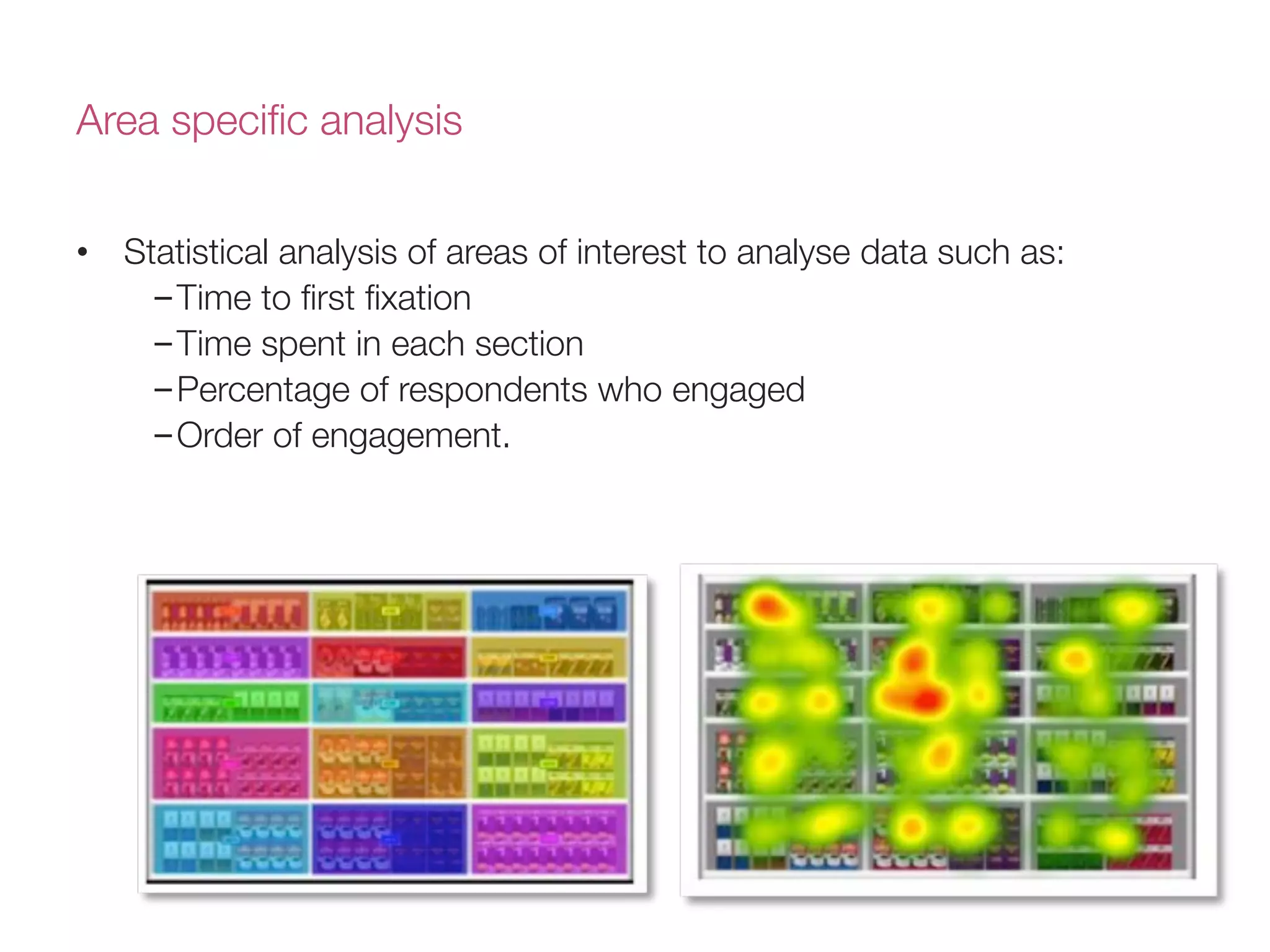 Area speciﬁc analysis
•  Statistical analysis of areas of interest to analyse data such as:
– Time to ﬁrst ﬁxation
– Time spent in each section
– Percentage of respondents who engaged
– Order of engagement.
 