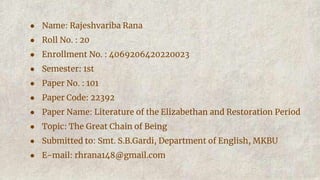 ● Name: Rajeshvariba Rana
● Roll No. : 20
● Enrollment No. : 4069206420220023
● Semester: 1st
● Paper No. : 101
● Paper Code: 22392
● Paper Name: Literature of the Elizabethan and Restoration Period
● Topic: The Great Chain of Being
● Submitted to: Smt. S.B.Gardi, Department of English, MKBU
● E-mail: rhrana148@gmail.com
 