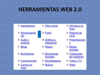 HERRAMIENTAS WEB 2.0
 Agregadores  Filtro social  Ofimática en
línea
 Almacenamie
nto
 Fotos  Páginas de
inicio
 Audio y
podcast
 Gráficos y
diagramas
 Presentacione
s
 Blogs  Mapas  Redes
sociales
 Buscadores  Marcadores
Sociales
 Tratamiento
de imágenes
 Comunicación  Microblogging  Vídeo y TV
 Cursos en
línea
 Música  Wikis
 