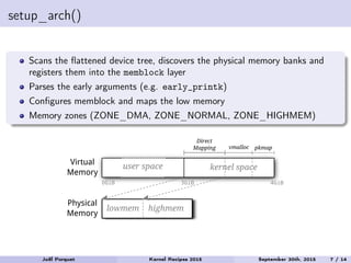 setup_arch()
Scans the ﬂattened device tree, discovers the physical memory banks and
registers them into the memblock layer
Parses the early arguments (e.g. early_printk)
Conﬁgures memblock and maps the low memory
Memory zones (ZONE_DMA, ZONE_NORMAL, ZONE_HIGHMEM)
Physical
Memory
Virtual
Memory
user space kernel space
Direct
Mapping vmalloc
0GiB 3GiB 4GiB
lowmem highmem
pkmap
Joël Porquet Kernel Recipes 2015 September 30th, 2015 7 / 14
 
