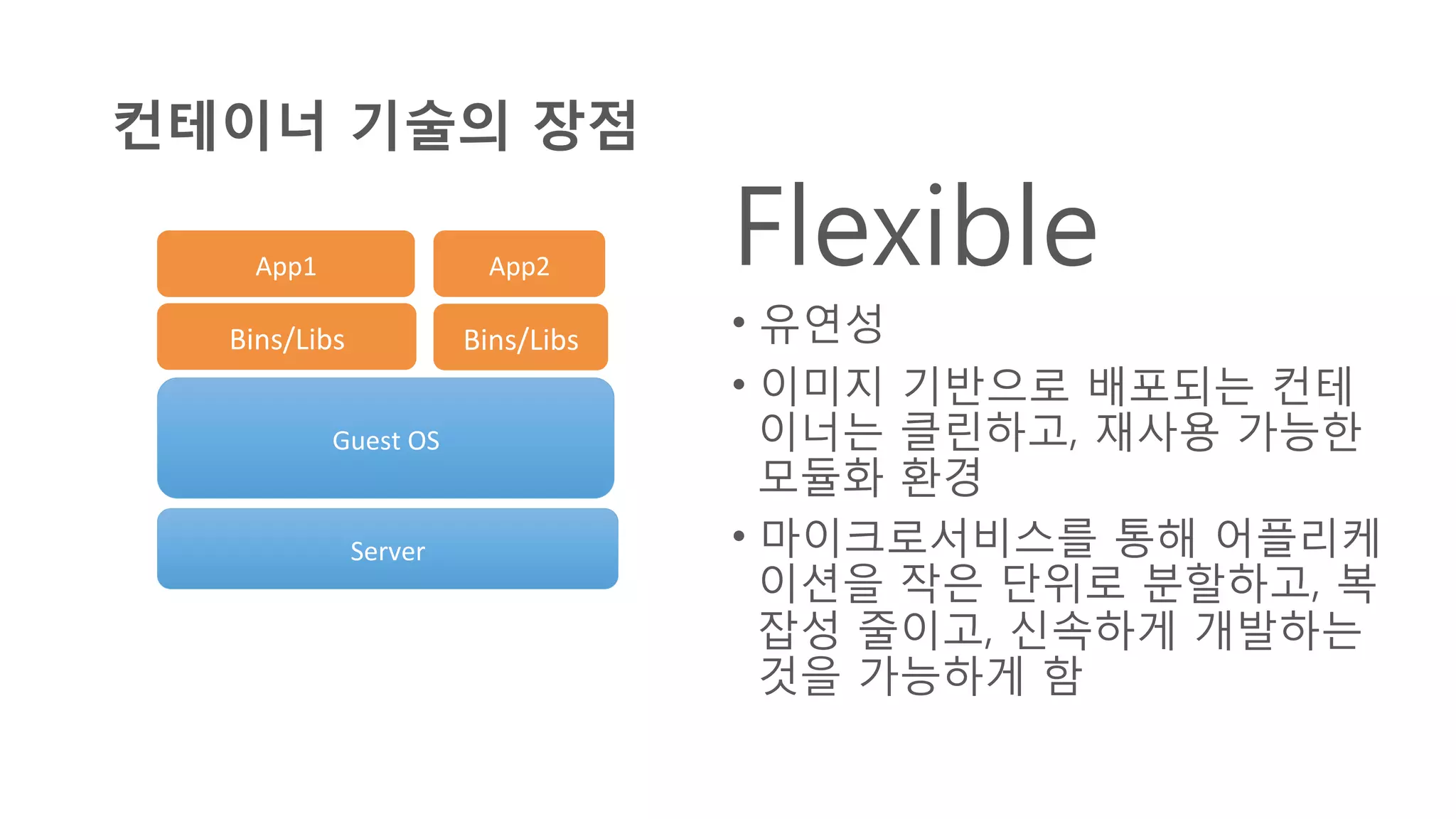 컨테이너 기술의 장점
Flexible
•  유연성
•  이미지 기반으로 배포되는 컨테
이너는 클린하고, 재사용 가능한
모듈화 환경
•  마이크로서비스를 통해 어플리케
이션을 작은 단위로 분할하고, 복
잡성 줄이고, 신속하게 개발하는
것을 가능하게 함
Server	
  
Guest	
  OS	
  
Bins/Libs	
   Bins/Libs	
  
App2	
  App1	
  
 