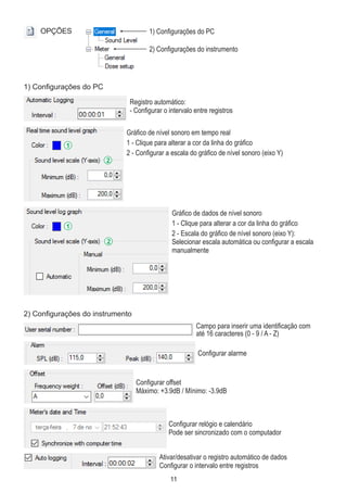 11
OPÇÕES 1) Configurações do PC
2) Configurações do instrumento
1) Configurações do PC
Registro automático:
- Configurar o intervalo entre registros
Gráfico de nível sonoro em tempo real
1 - Clique para alterar a cor da linha do gráfico
2 - Configurar a escala do gráfico de nível sonoro (eixo Y)
1
2
Gráfico de dados de nível sonoro
1 - Clique para alterar a cor da linha do gráfico
2 - Escala do gráfico de nível sonoro (eixo Y):
Selecionar escala automática ou configurar a escala
manualmente
1
2
2) Configurações do instrumento
Campo para inserir uma identificação com
até 16 caracteres (0 - 9 / A - Z)
Configurar alarme
Configurar offset
Máximo: +3.9dB / Mínimo: -3.9dB
Configurar relógio e calendário
Pode ser sincronizado com o computador
Ativar/desativar o registro automático de dados
Configurar o intervalo entre registros
 