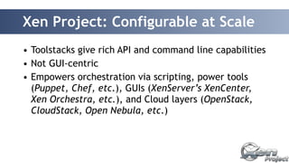 Xen Project: Configurable at Scale 
• Toolstacks give rich API and command line capabilities 
• Not GUI-centric 
• Empowers orchestration via scripting, power tools 
(Puppet, Chef, etc.), GUIs (XenServer’s XenCenter, 
Xen Orchestra, etc.), and Cloud layers (OpenStack, 
CloudStack, Open Nebula, etc.) 
 