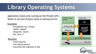 Library Operating Systems 
Application stacks only running on Xen Project APIs 
Works on any Xen Project cloud or hosting service 
! 
Examples 
– ErlangOnXen.org : Erlang 
– HalVM : Haskell 
– Mirage OS : Ocaml 
– Osv: Java, C 
! 
Benefits: 
– Small footprint 
– Low startup latency 
– Extremely fast migration of VMs 
Guest VMn 
Apps 
Xen Project Hypervisor 
Control domain 
(dom0) 
Host HW 
PV Back Ends 
HW Drivers 
Library OS 
embedded 
in Language 
run-time 
Dom0 Kernel 
 