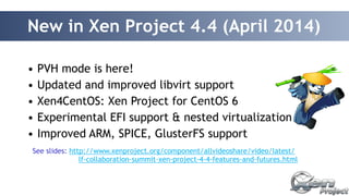 New in Xen Project 4.4 (April 2014) 
! 
• PVH mode is here! 
• Updated and improved libvirt support 
• Xen4CentOS: Xen Project for CentOS 6 
• Experimental EFI support & nested virtualization 
• Improved ARM, SPICE, GlusterFS support 
See slides: http://www.xenproject.org/component/allvideoshare/video/latest/ 
lf-collaboration-summit-xen-project-4-4-features-and-futures.html 
 