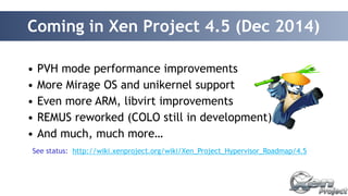 Coming in Xen Project 4.5 (Dec 2014) 
! 
• PVH mode performance improvements 
• More Mirage OS and unikernel support 
• Even more ARM, libvirt improvements 
• REMUS reworked (COLO still in development) 
• And much, much more… 
See status: http://wiki.xenproject.org/wiki/Xen_Project_Hypervisor_Roadmap/4.5 
 