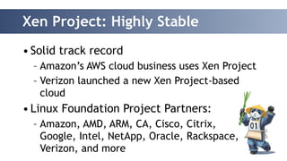 Xen Project: Highly Stable 
• Solid track record 
– Amazon’s AWS cloud business uses Xen Project 
– Verizon launched a new Xen Project-based 
cloud 
• Linux Foundation Project Partners: 
– Amazon, AMD, ARM, CA, Cisco, Citrix, 
Google, Intel, NetApp, Oracle, Rackspace, 
Verizon, and more 
 
